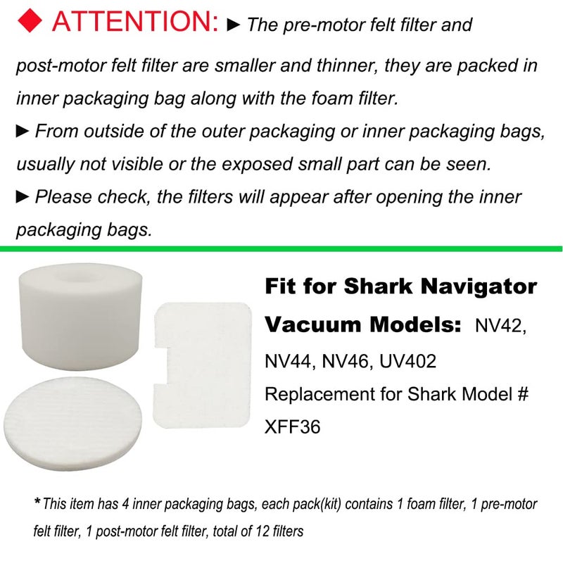 Dttery 4 Pack Filters Kit Replacement for Shark Navigator Deluxe Upright Vacuum NV42, NV44, NV46, UV402 Part # XFF36 - Image 2